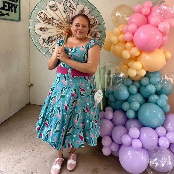 Collectif Blue and Pink mermaid Patterned Dress. fun and flattering. - Picture 4 of 4